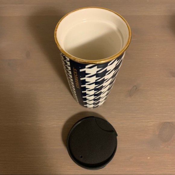 Starbucks Blue, White, and Gold Houndstooth Ceramic To Go Cup - Picture 4 of 10